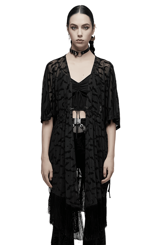 Elegant Black Lace Bat Print Kimono-Cape with Tassels
