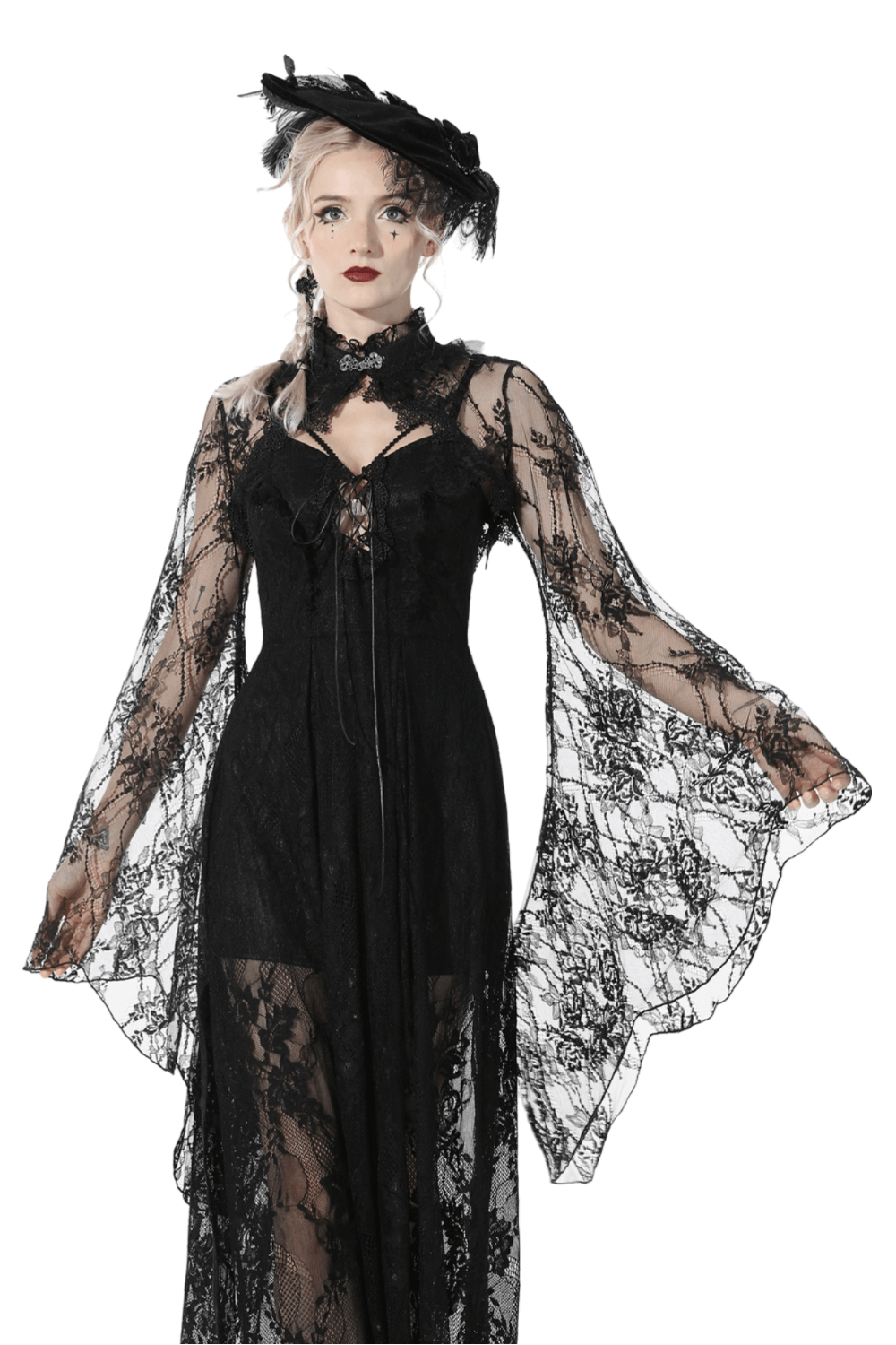 Elegant Black Lace Cape with Long Bell Sleeves
