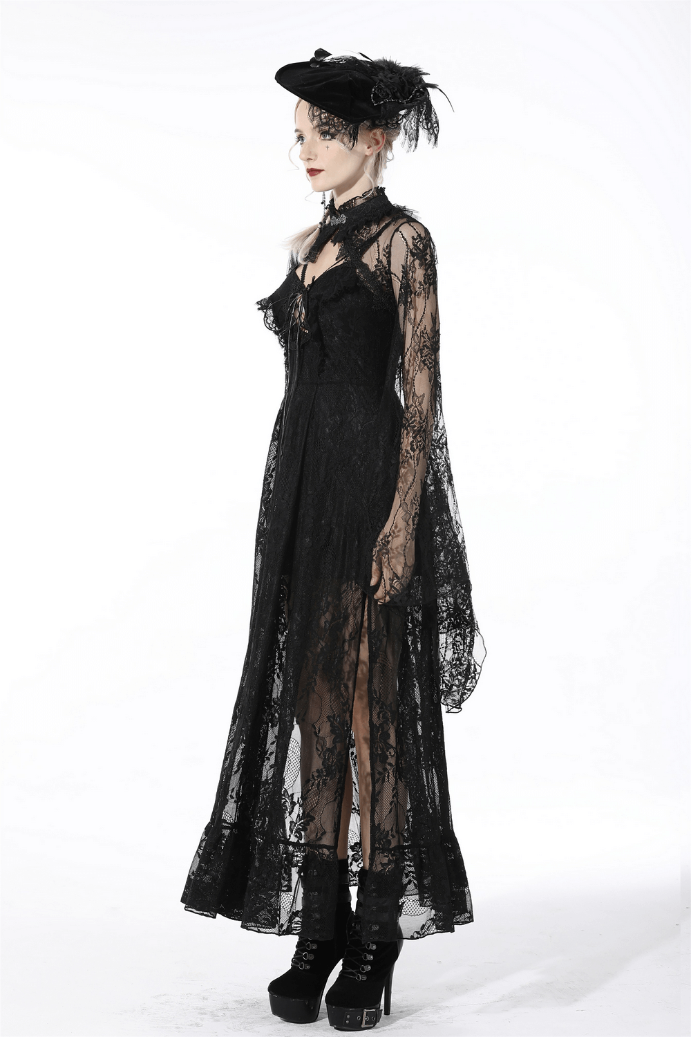 Elegant Black Lace Cape with Long Bell Sleeves