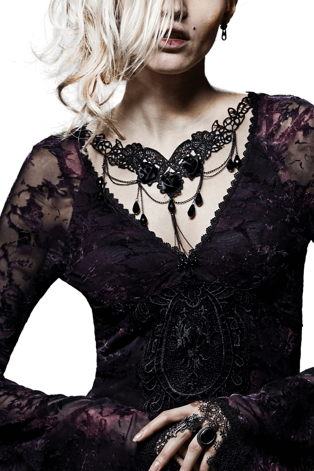 Elegant Black Lace Choker with Floral and Drop Details