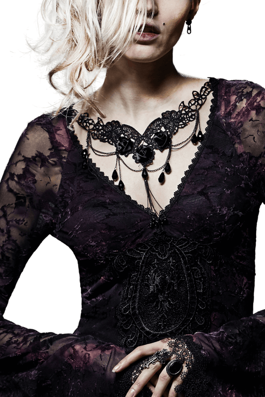 Elegant Black Lace Choker with Floral and Drop Details