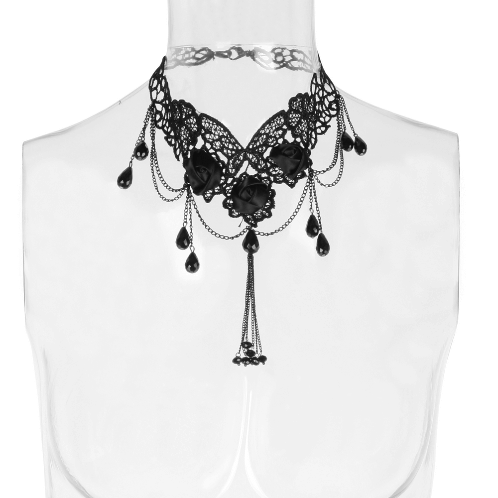 Elegant Black Lace Choker with Floral and Drop Details