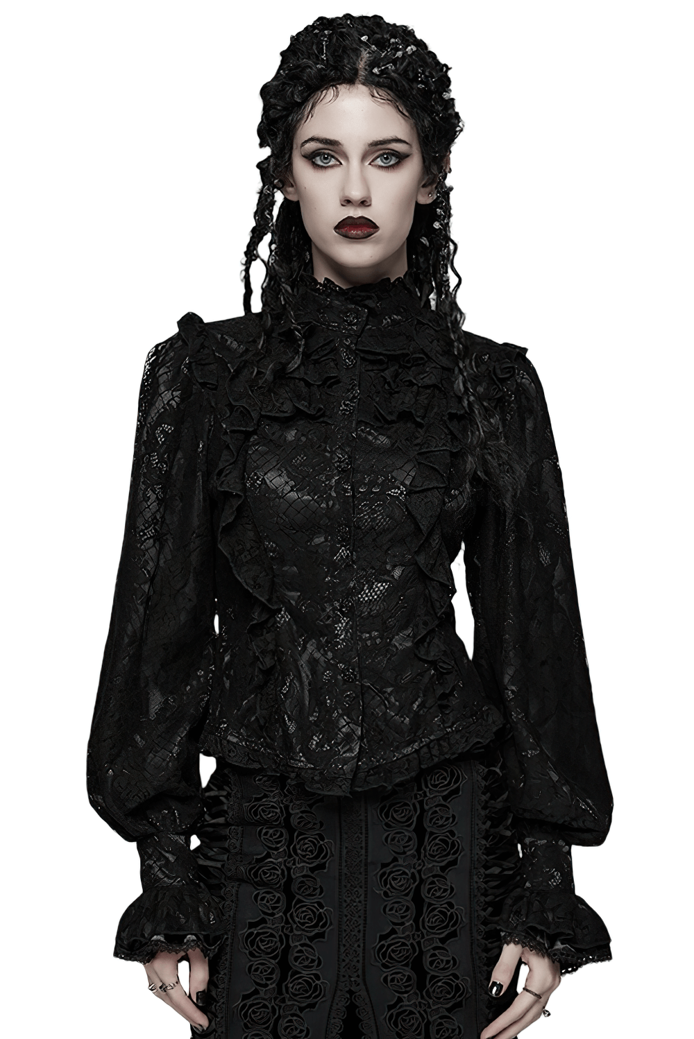 Elegant Black Lace Ruffled Gothic Long Sleeve Blouse
