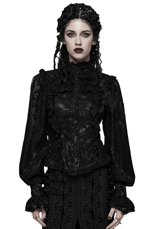 Elegant Black Lace Ruffled Gothic Long Sleeve Blouse