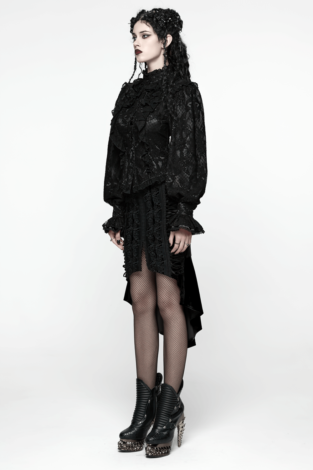 Elegant Black Lace Ruffled Gothic Long Sleeve Blouse