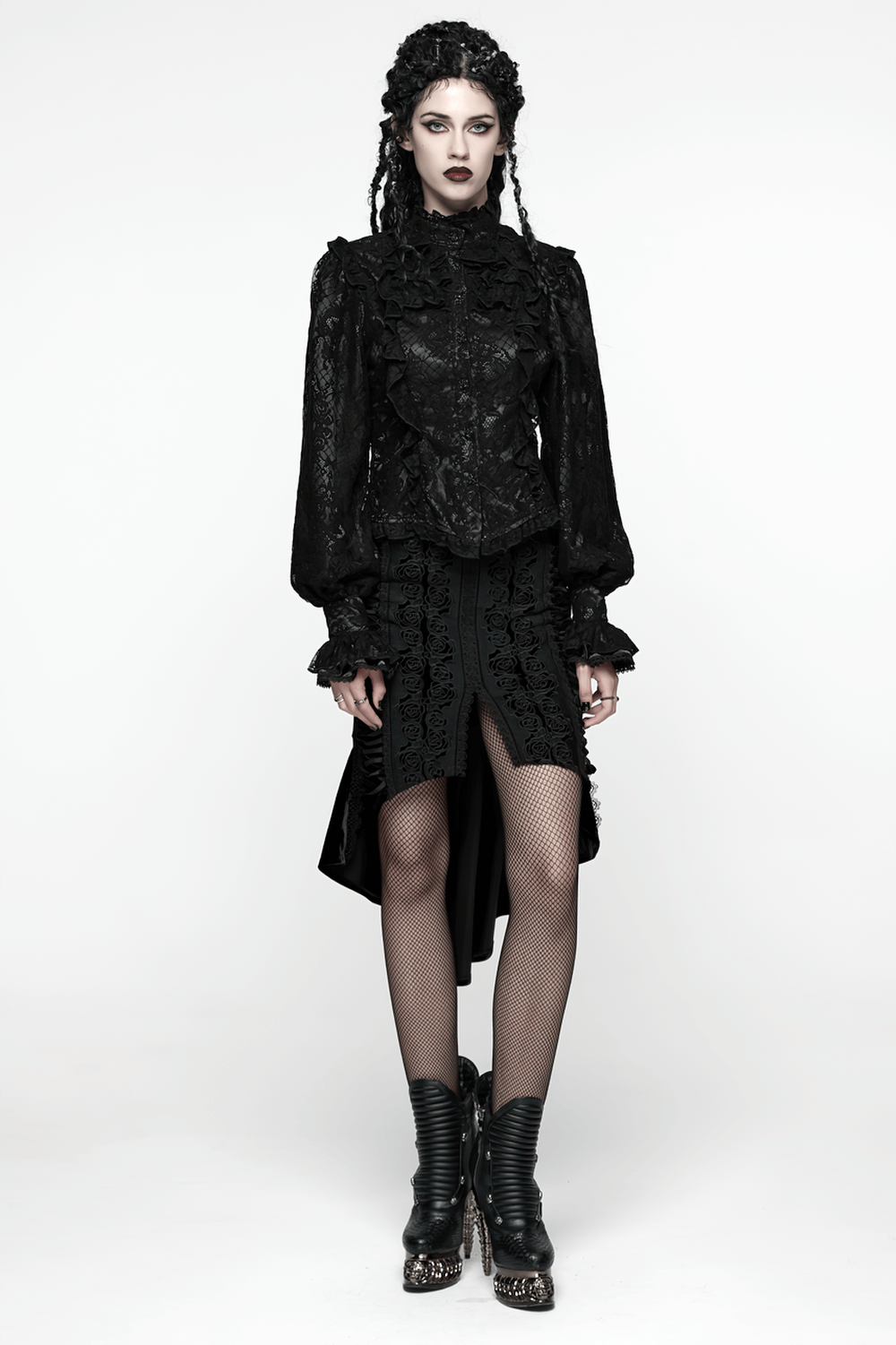 Elegant Black Lace Ruffled Gothic Long Sleeve Blouse
