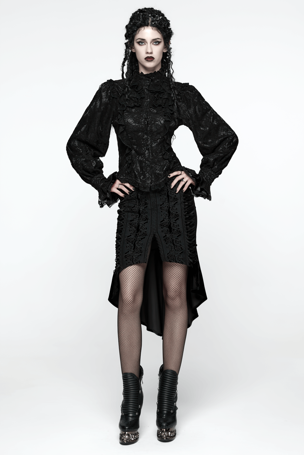 Elegant Black Lace Ruffled Gothic Long Sleeve Blouse