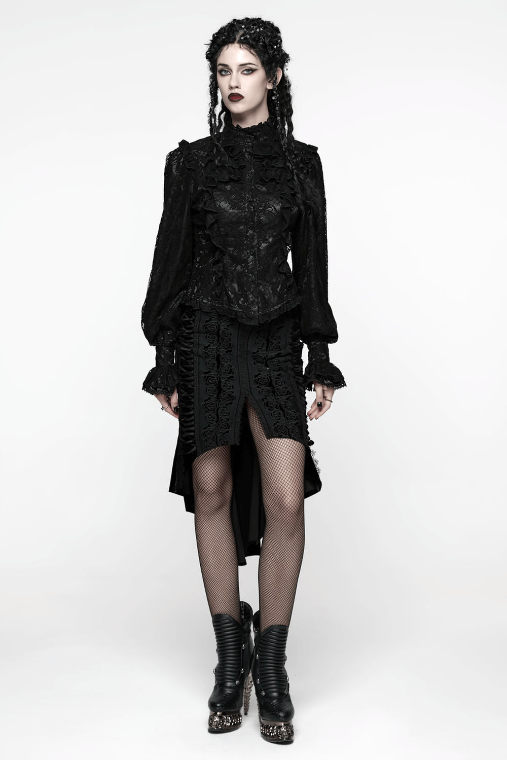 Elegant Black Lace Ruffled Gothic Long Sleeve Blouse