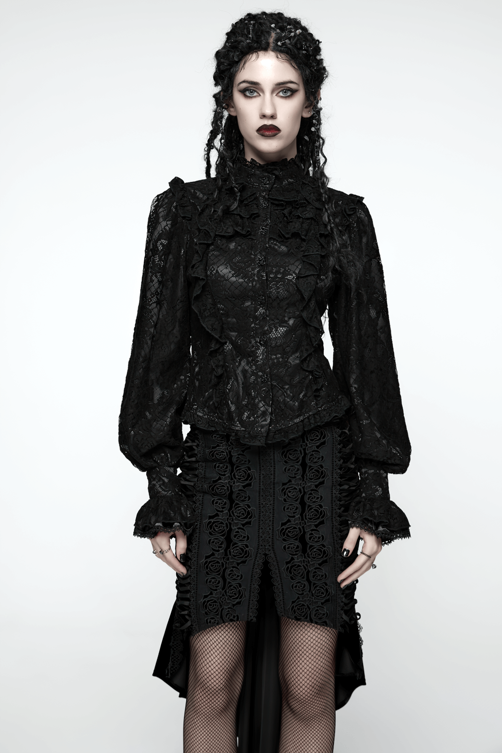 Elegant Black Lace Ruffled Gothic Long Sleeve Blouse