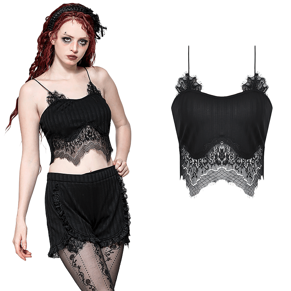 Elegant Black Lace Trimmed Ribbed Camisole Top