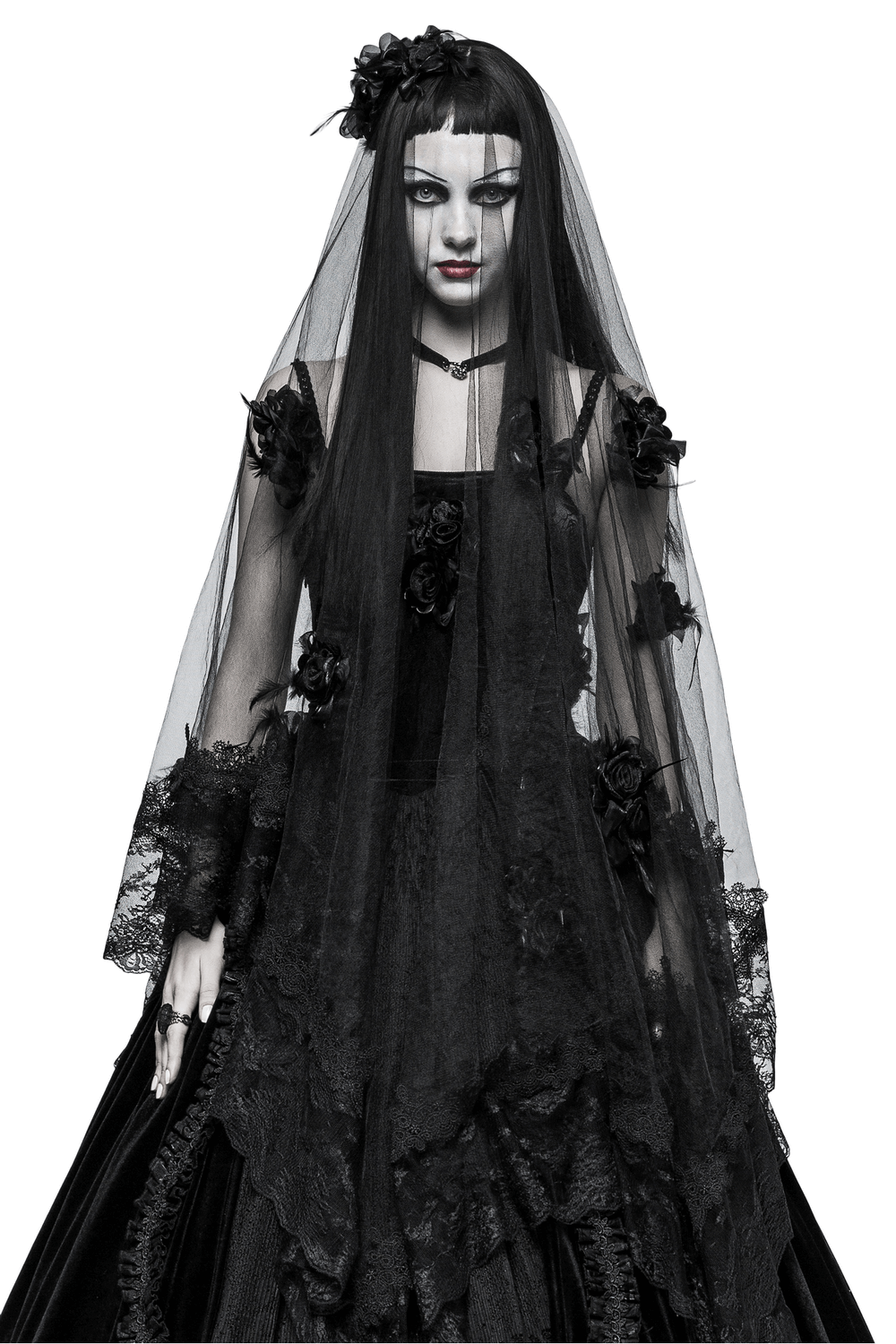 Elegant Black Lace Wedding Veil with 3D Roses