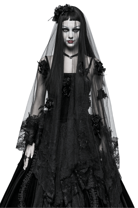 Elegant Black Lace Wedding Veil with 3D Roses