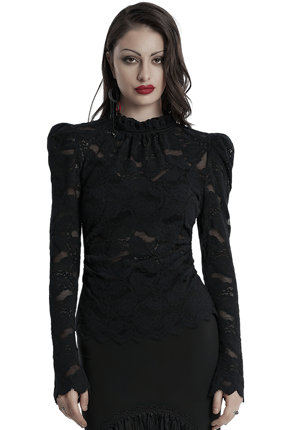 Elegant Black Sheer Lace Blouse with Ruffled Collar