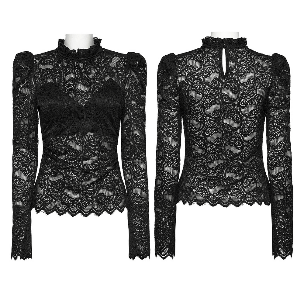Elegant Black Sheer Lace Blouse with Ruffled Collar