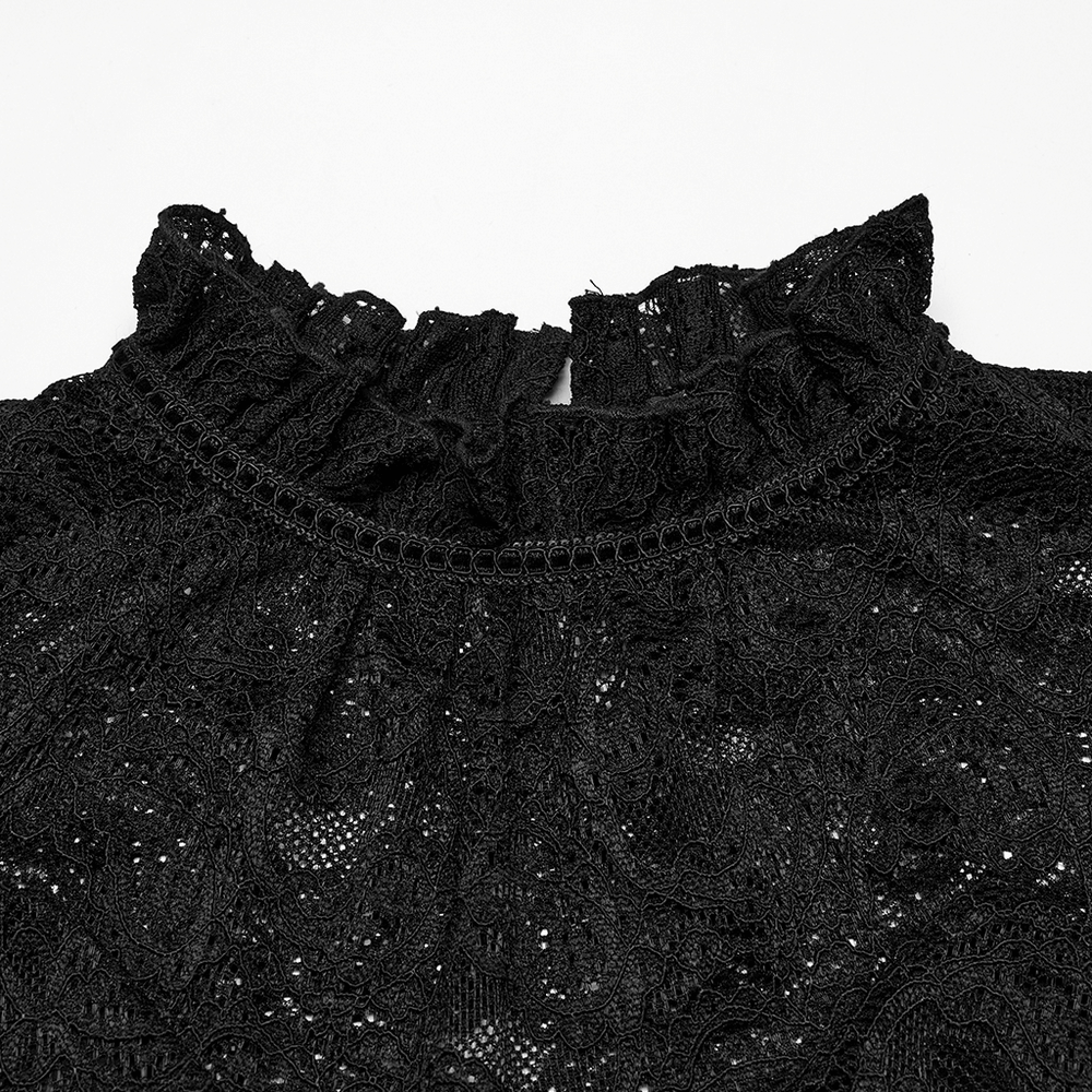 Elegant Black Sheer Lace Blouse with Ruffled Collar