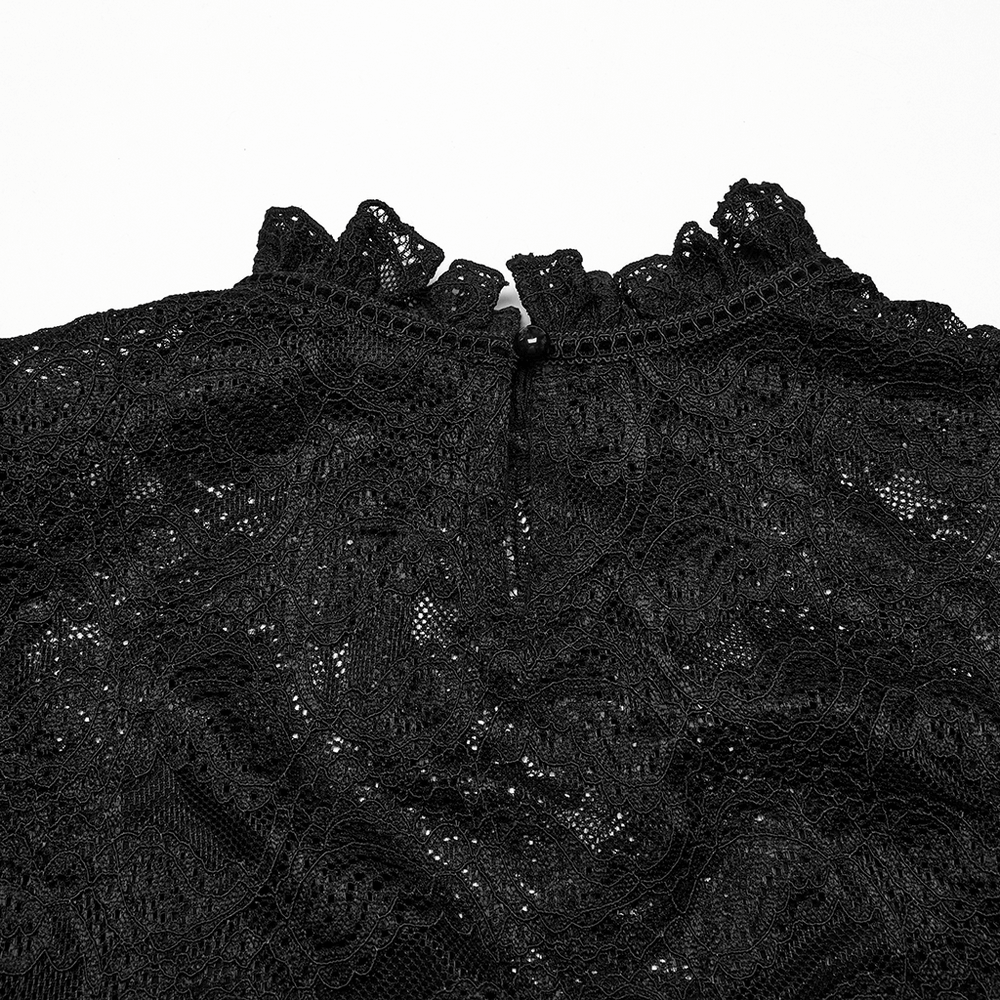 Elegant Black Sheer Lace Blouse with Ruffled Collar