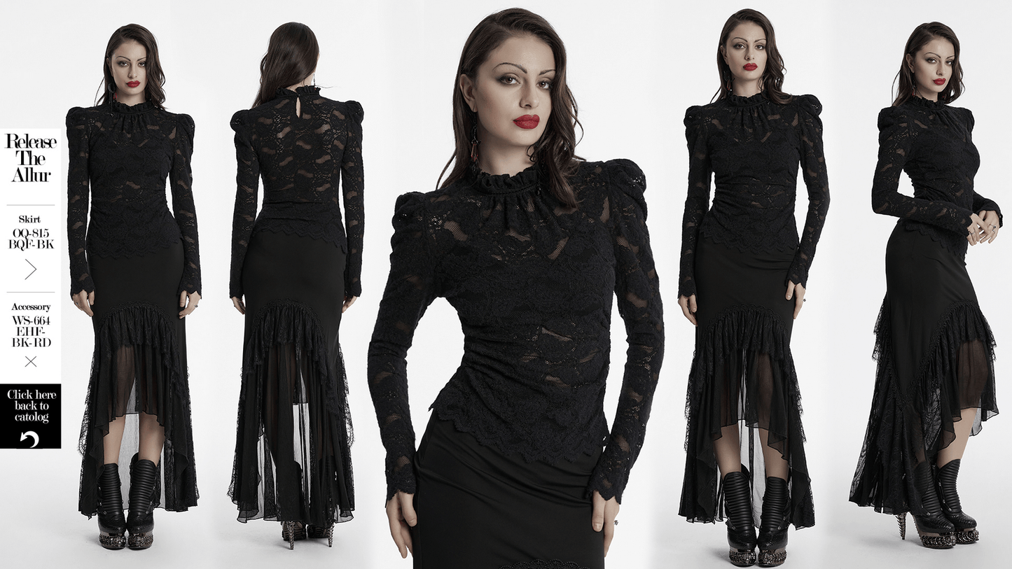 Elegant Black Sheer Lace Blouse with Ruffled Collar
