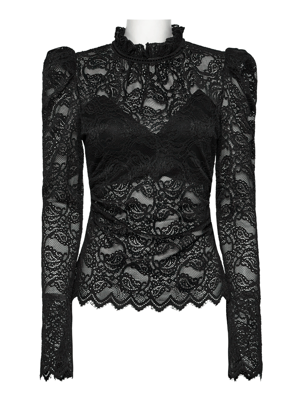 Elegant Black Sheer Lace Blouse with Ruffled Collar