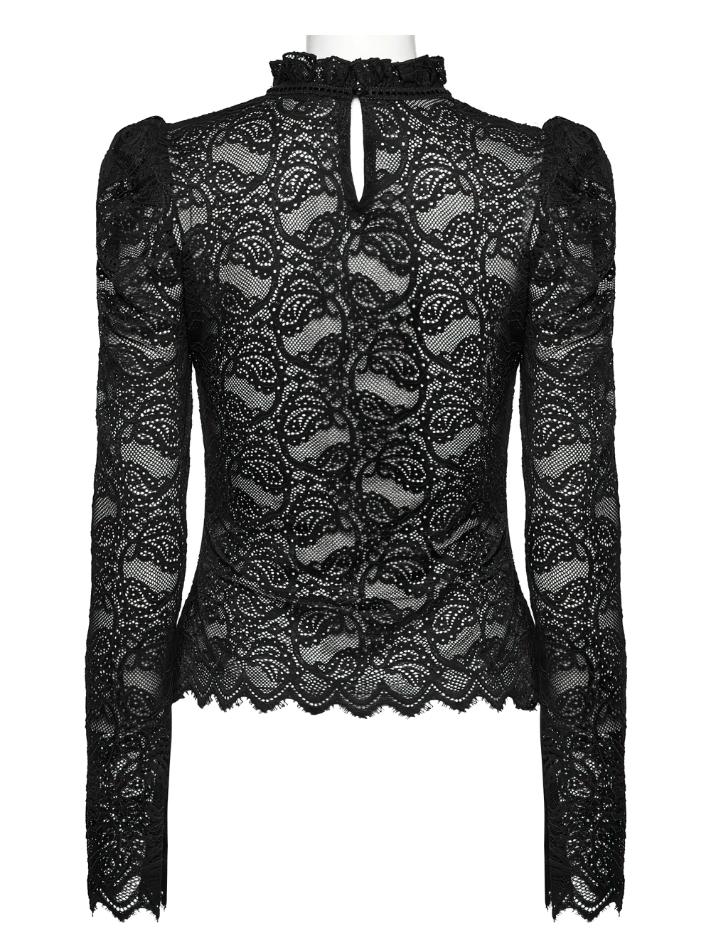 Elegant Black Sheer Lace Blouse with Ruffled Collar