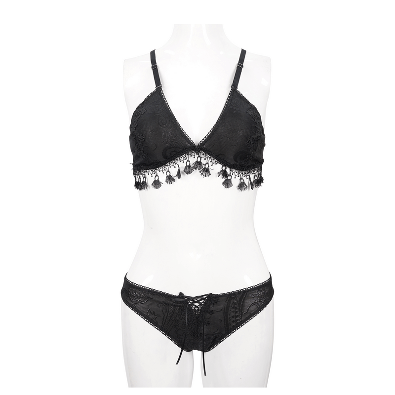 Elegant Black Swimsuit with Brocade / Women's Lacing Bikini with Fringed Lace