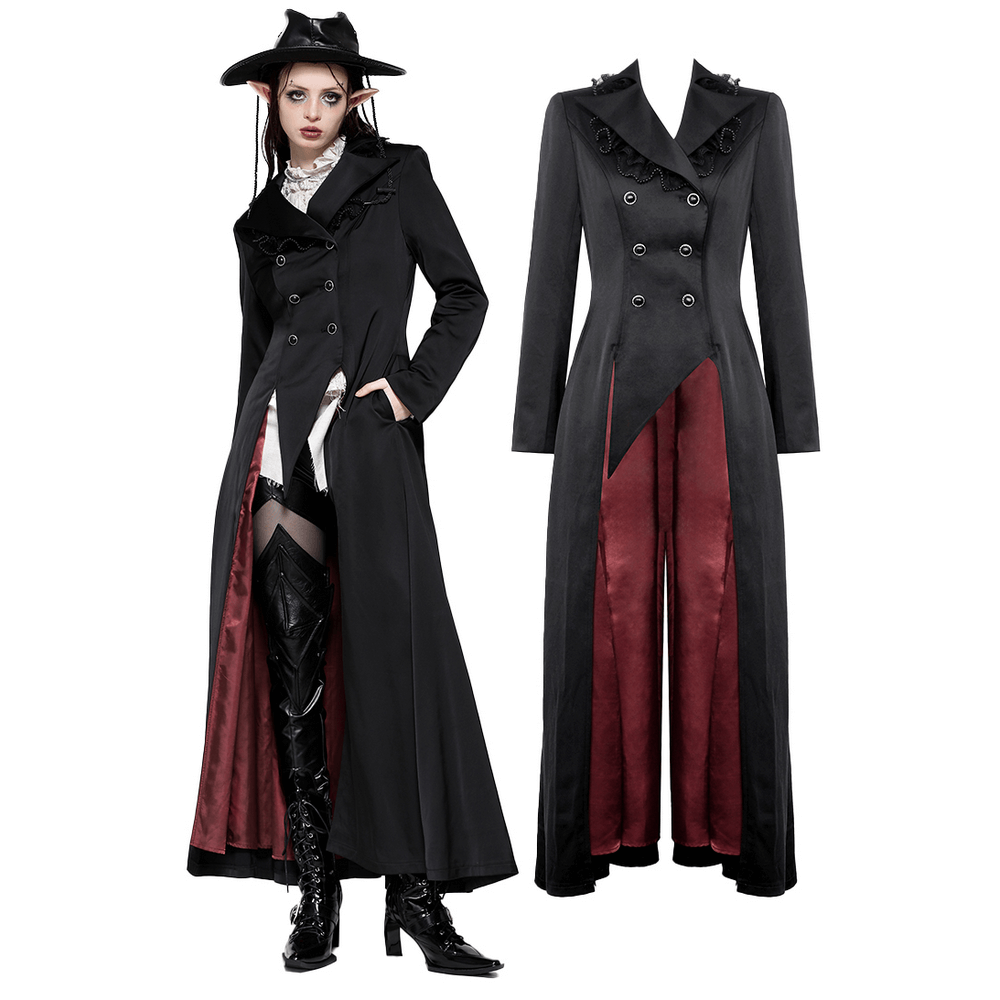 Elegant Black Victorian-Inspired Coat with Satin Details