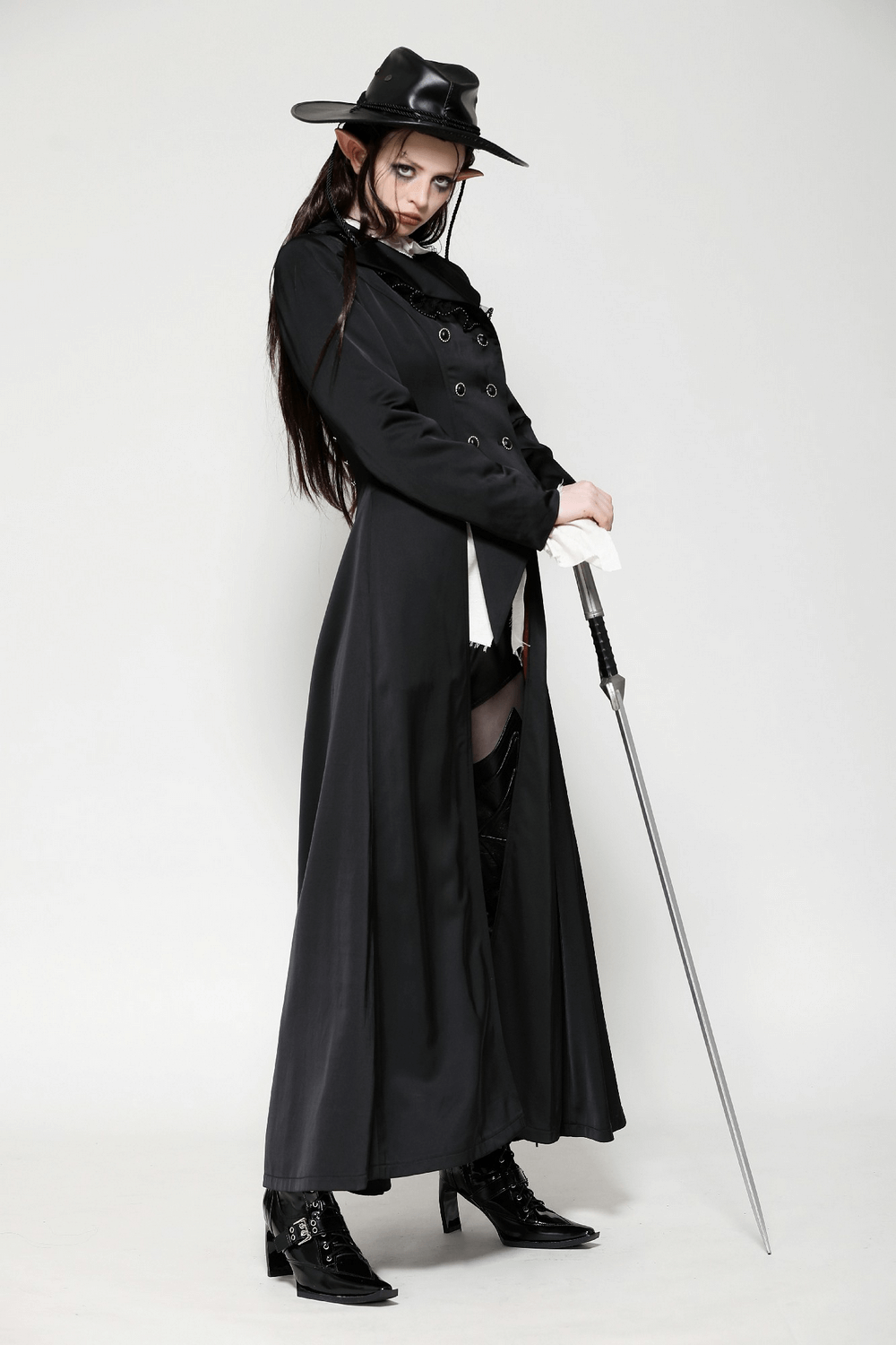 Elegant Black Victorian-Inspired Coat with Satin Details
