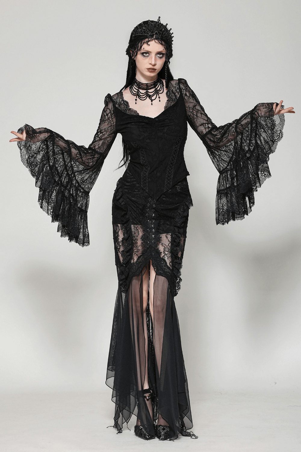 Elegant Female Gothic Black Lace Top with V-Neck