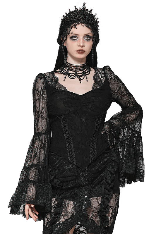Elegant Female Gothic Black Lace Top with V-Neck