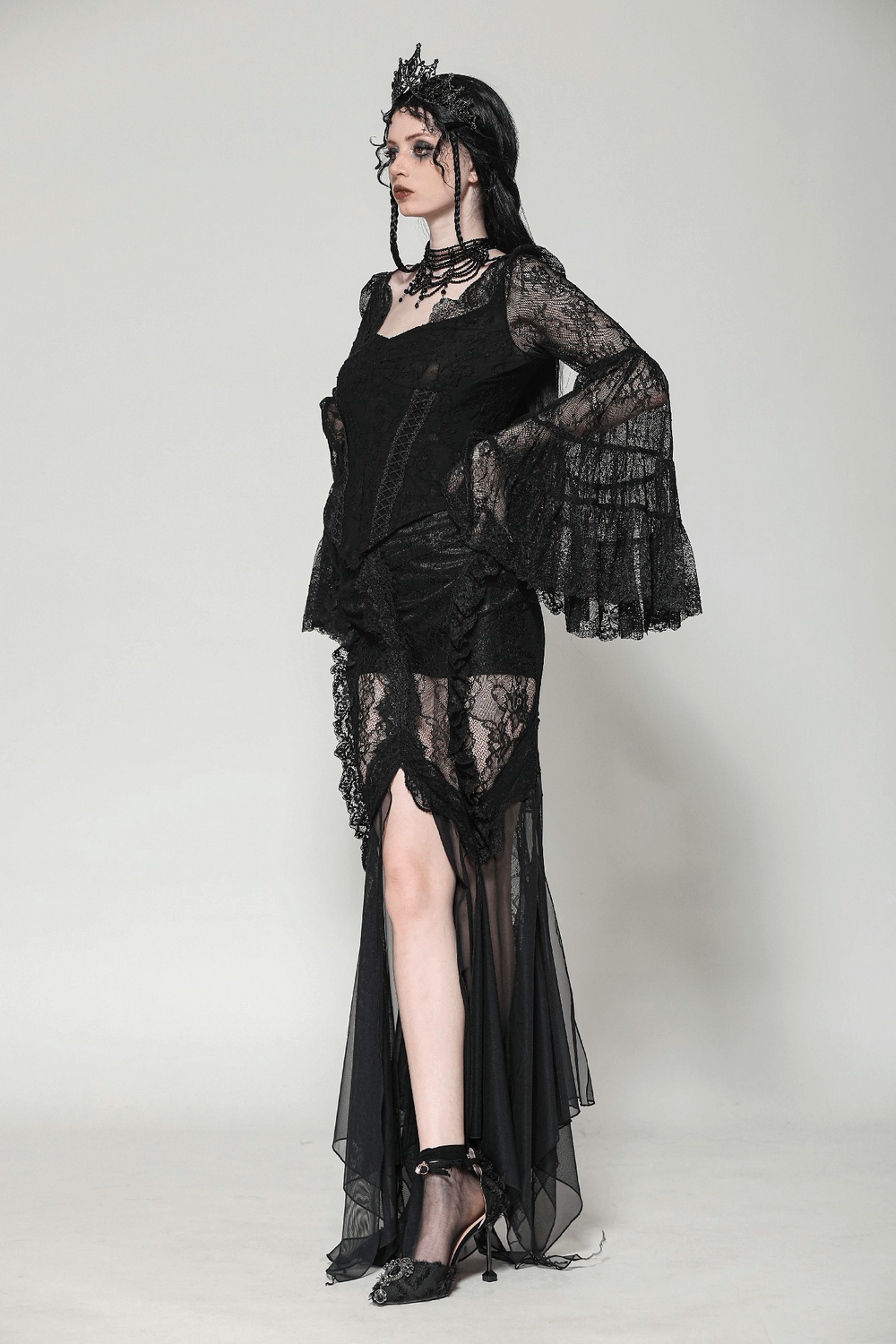Elegant Female Gothic Black Lace Top with V-Neck