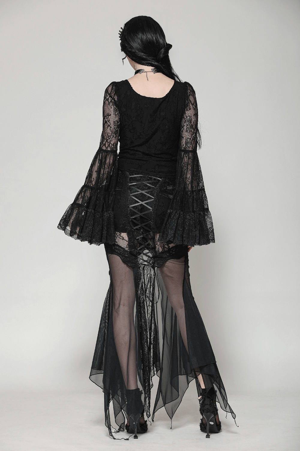 Elegant Female Gothic Black Lace Top with V-Neck