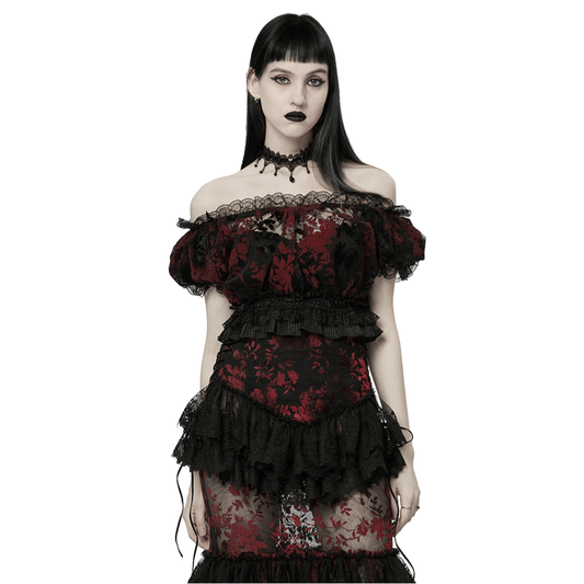 Elegant Floral Gothic Flock Mesh Crop Top with Lace Trim