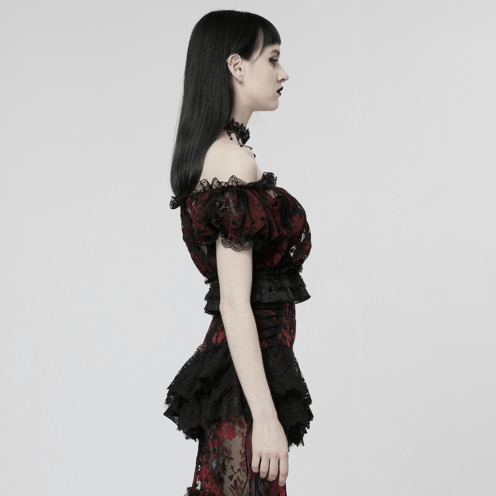 Elegant Floral Gothic Flock Mesh Crop Top with Lace Trim