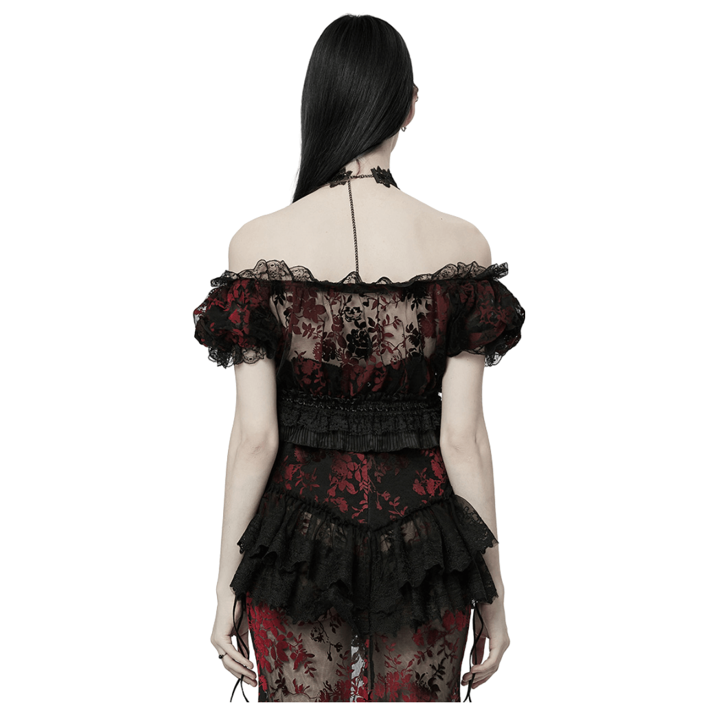 Elegant Floral Gothic Flock Mesh Crop Top with Lace Trim