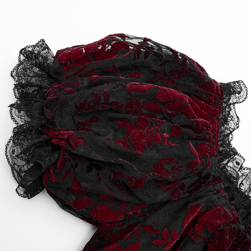 Elegant Floral Gothic Flock Mesh Crop Top with Lace Trim