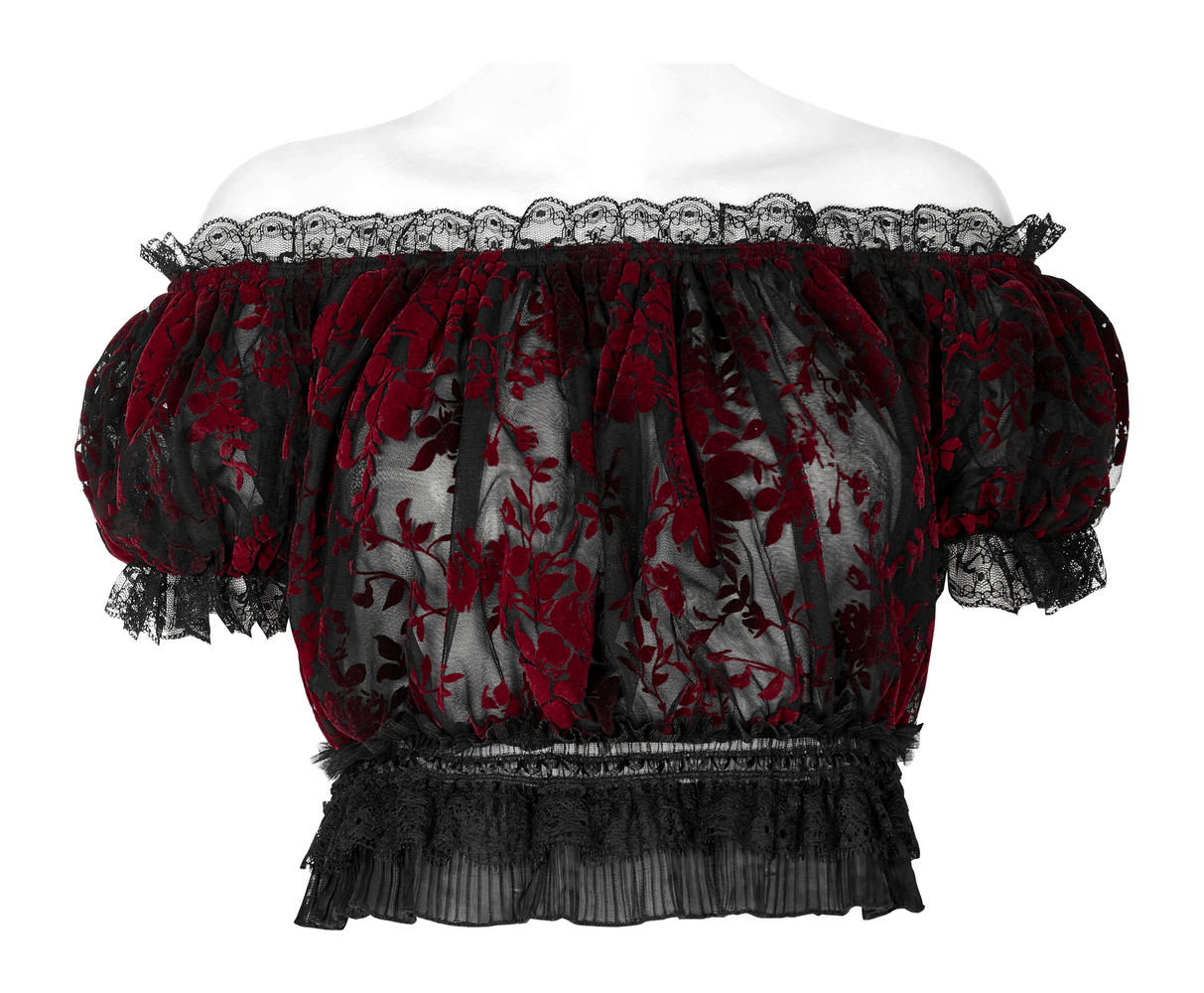 Elegant Floral Gothic Flock Mesh Crop Top with Lace Trim