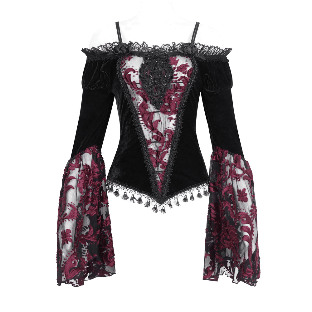 Elegant Goth Velvet Top with Lace Long Sleeves