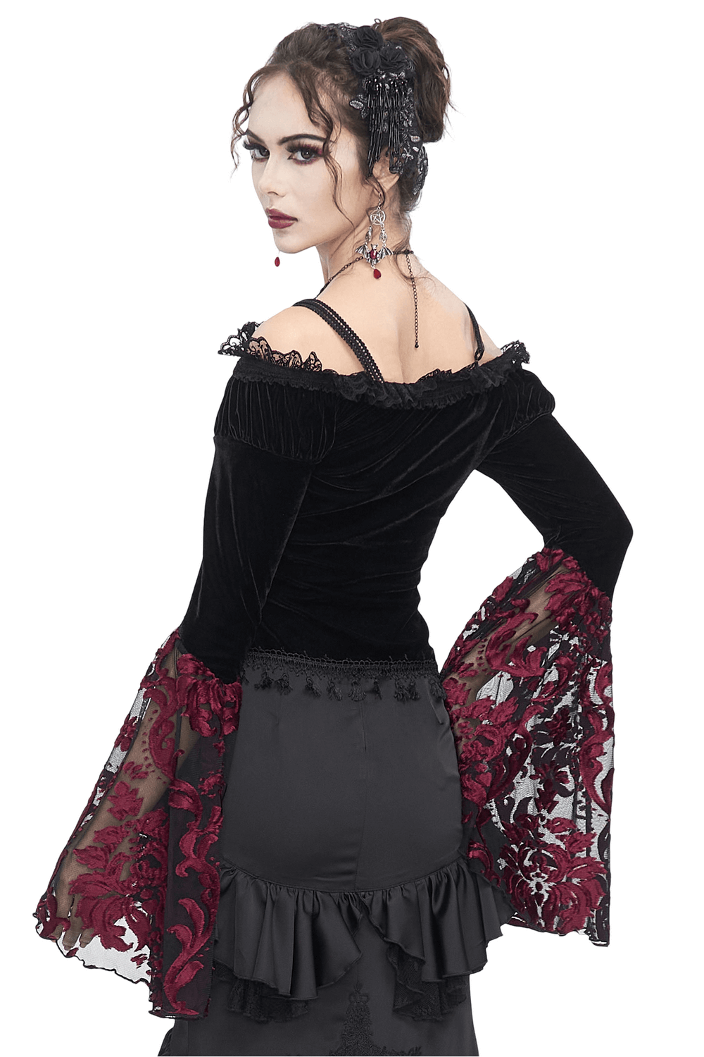 Elegant Goth Velvet Top with Lace Long Sleeves