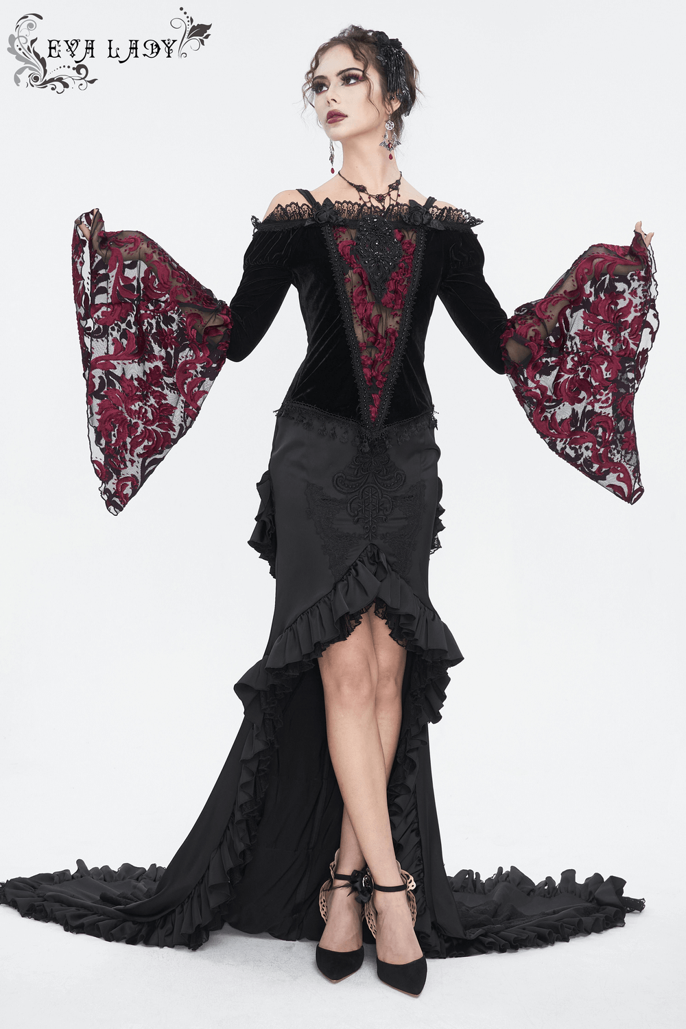 Elegant Goth Velvet Top with Lace Long Sleeves