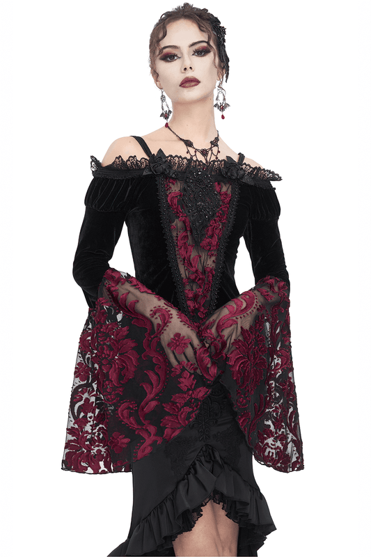 Elegant Goth Velvet Top with Lace Long Sleeves