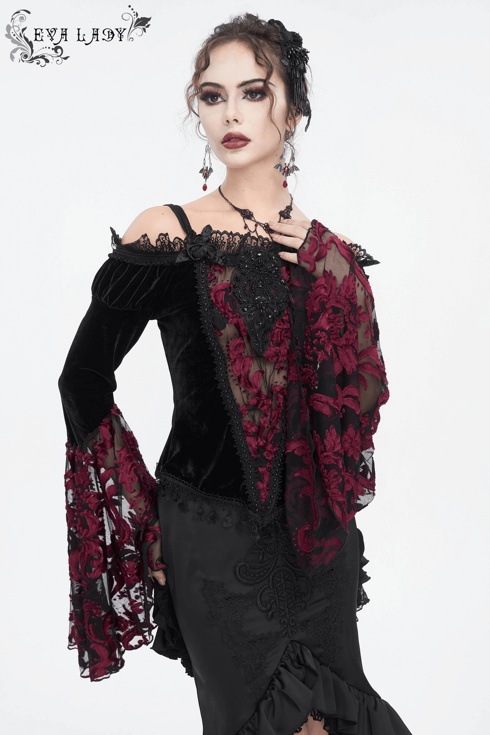Elegant Goth Velvet Top with Lace Long Sleeves