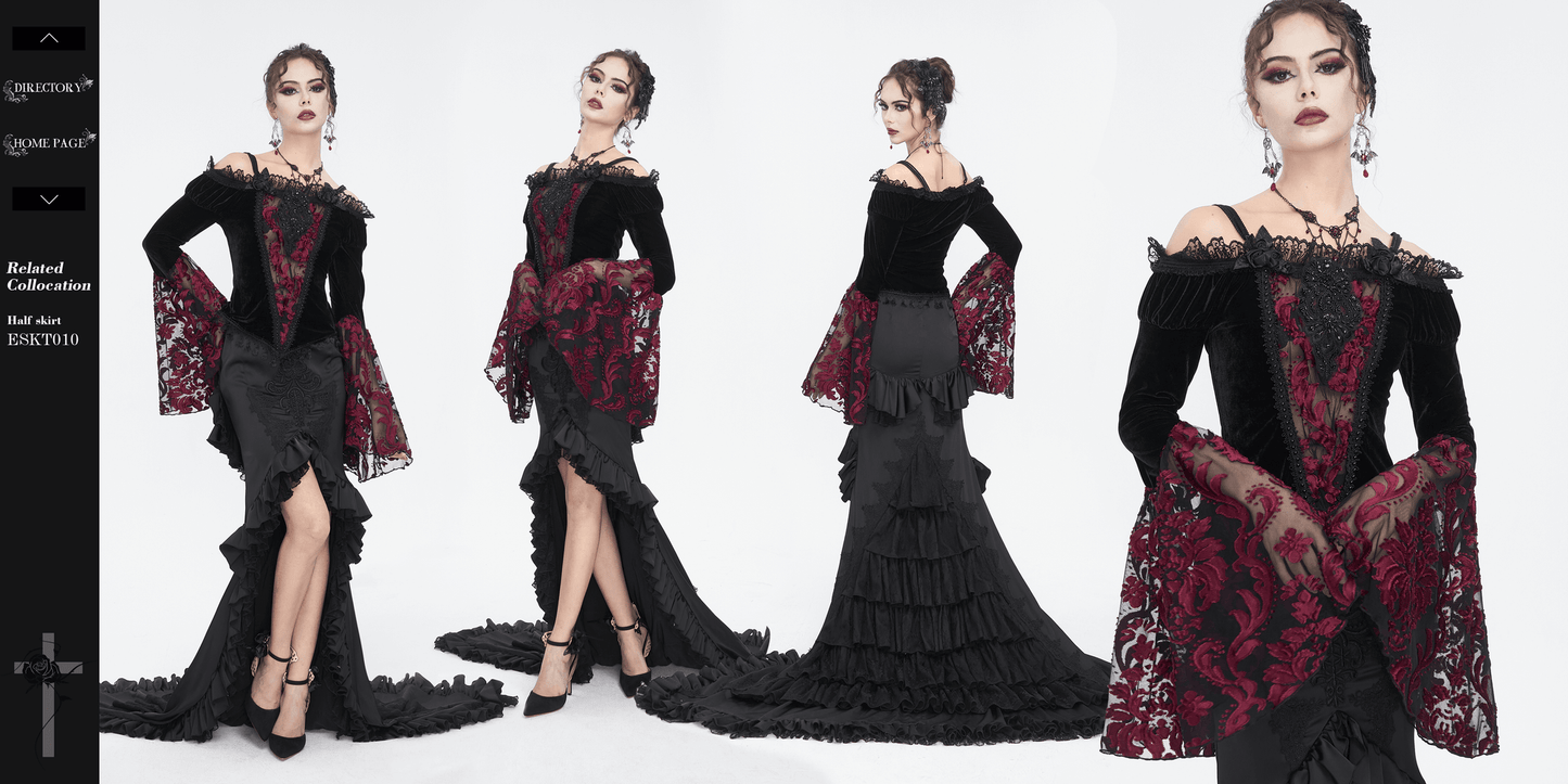 Elegant Goth Velvet Top with Lace Long Sleeves