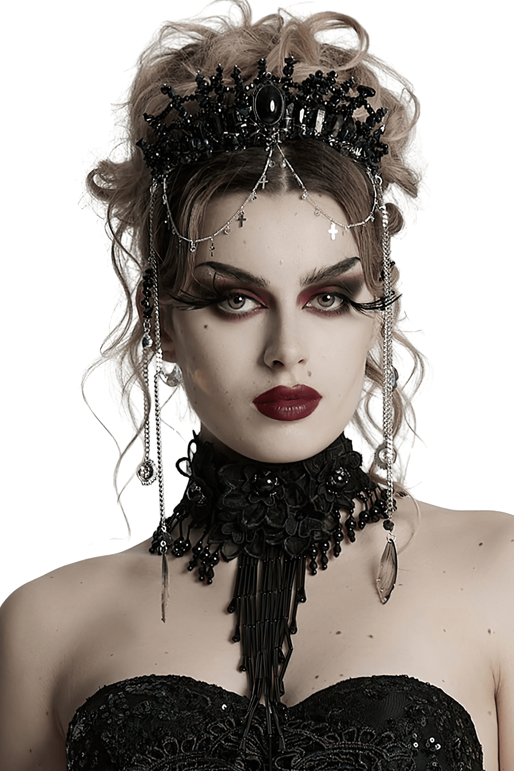 Elegant Gothic Black Crystal Headband with Tassels