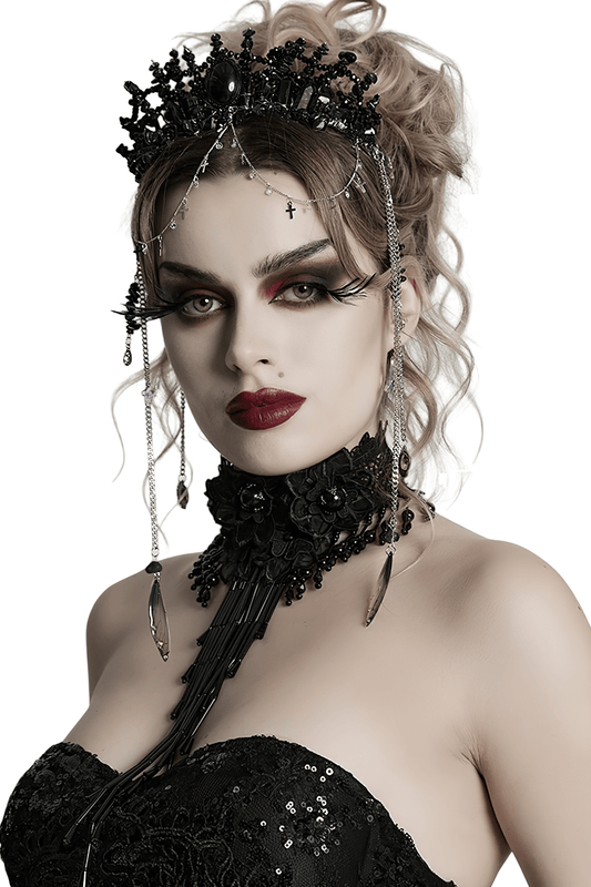 Elegant Gothic Black Crystal Headband with Tassels