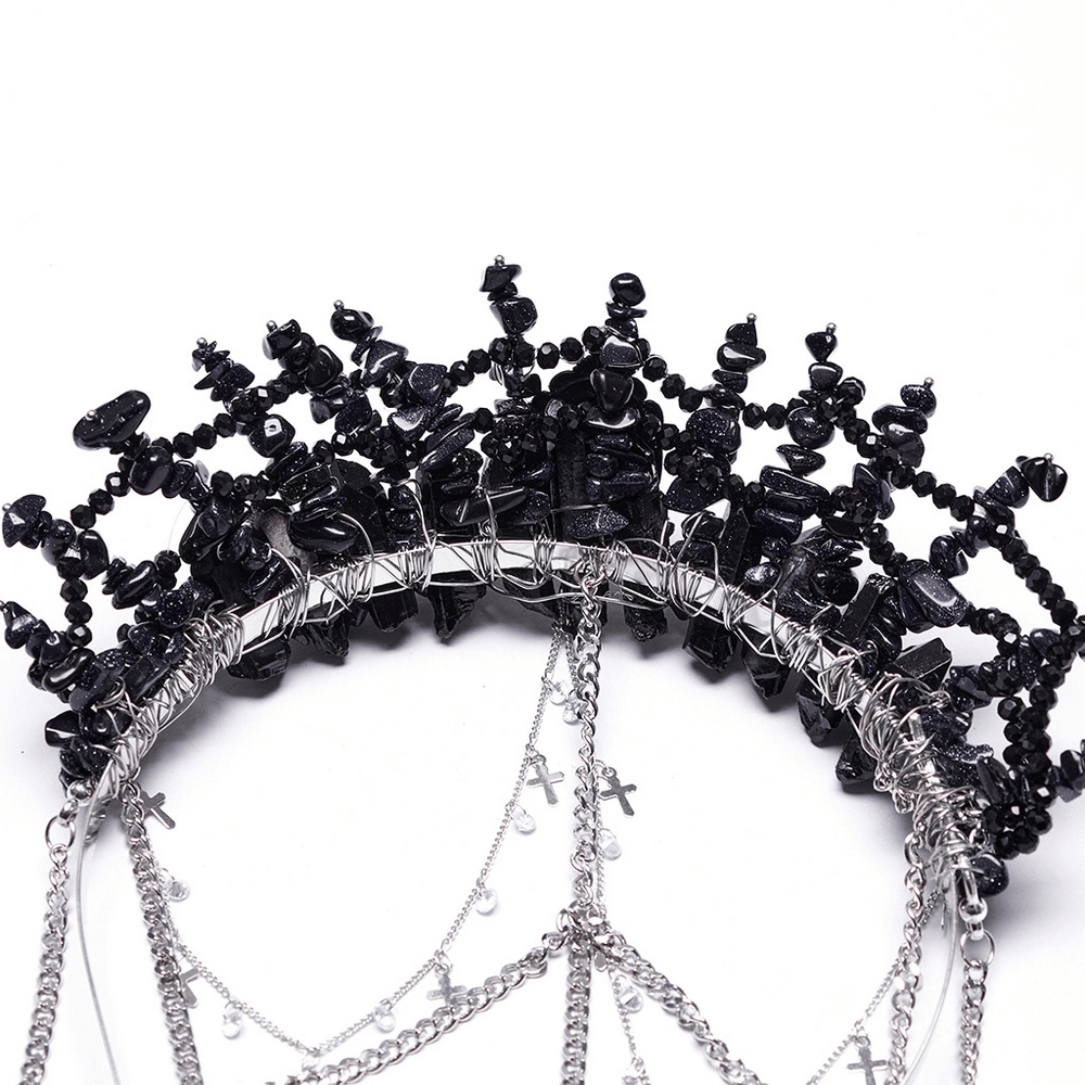 Elegant Gothic Black Crystal Headband with Tassels