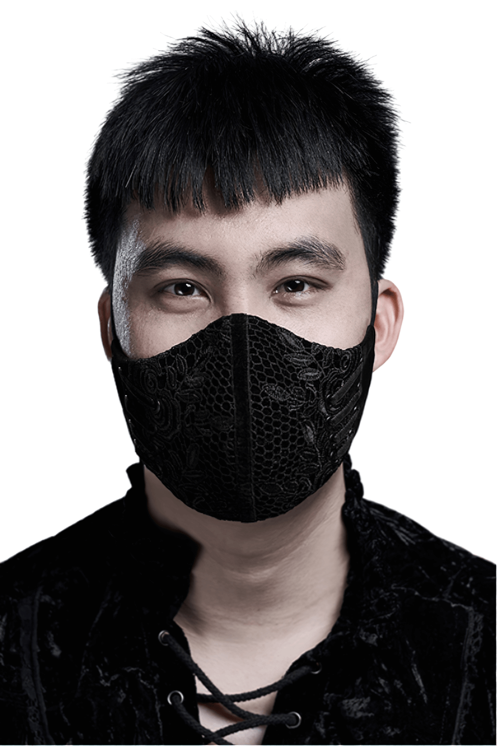 Elegant Gothic Black Lace and Velvet Mask for Men