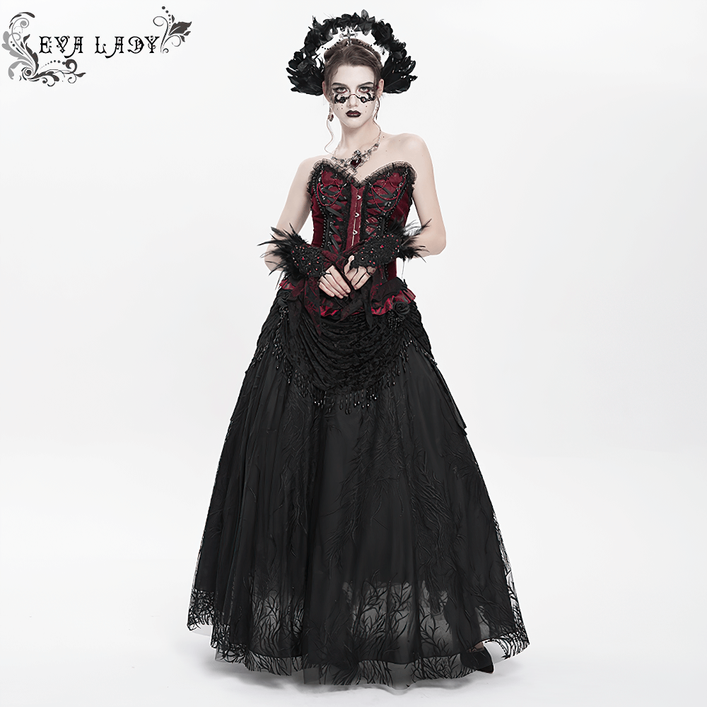 Elegant Gothic Black Velvet Lace Skirt with Beaded Drapes