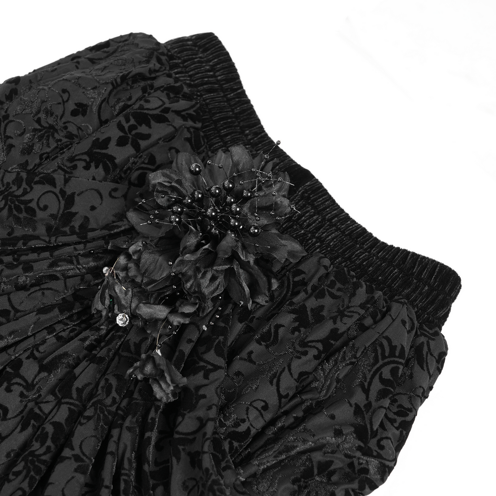 Elegant Gothic Black Velvet Lace Skirt with Beaded Drapes