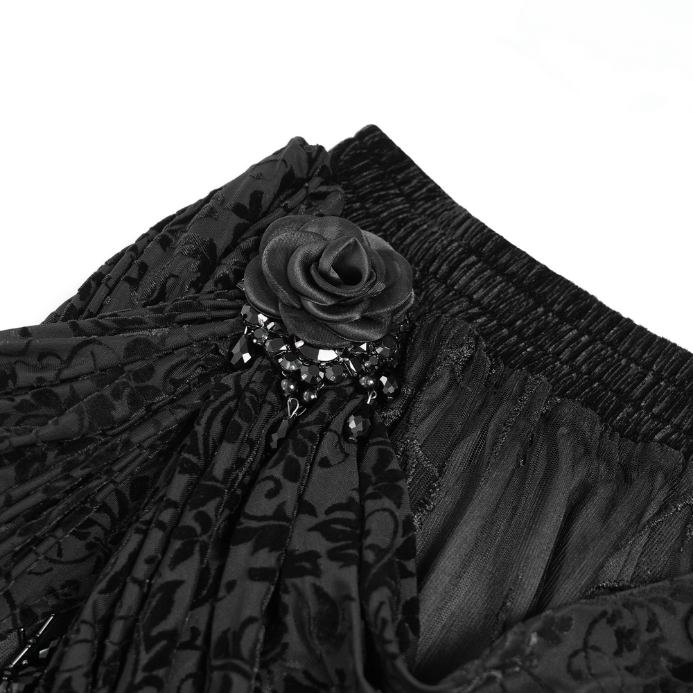 Elegant Gothic Black Velvet Lace Skirt with Beaded Drapes