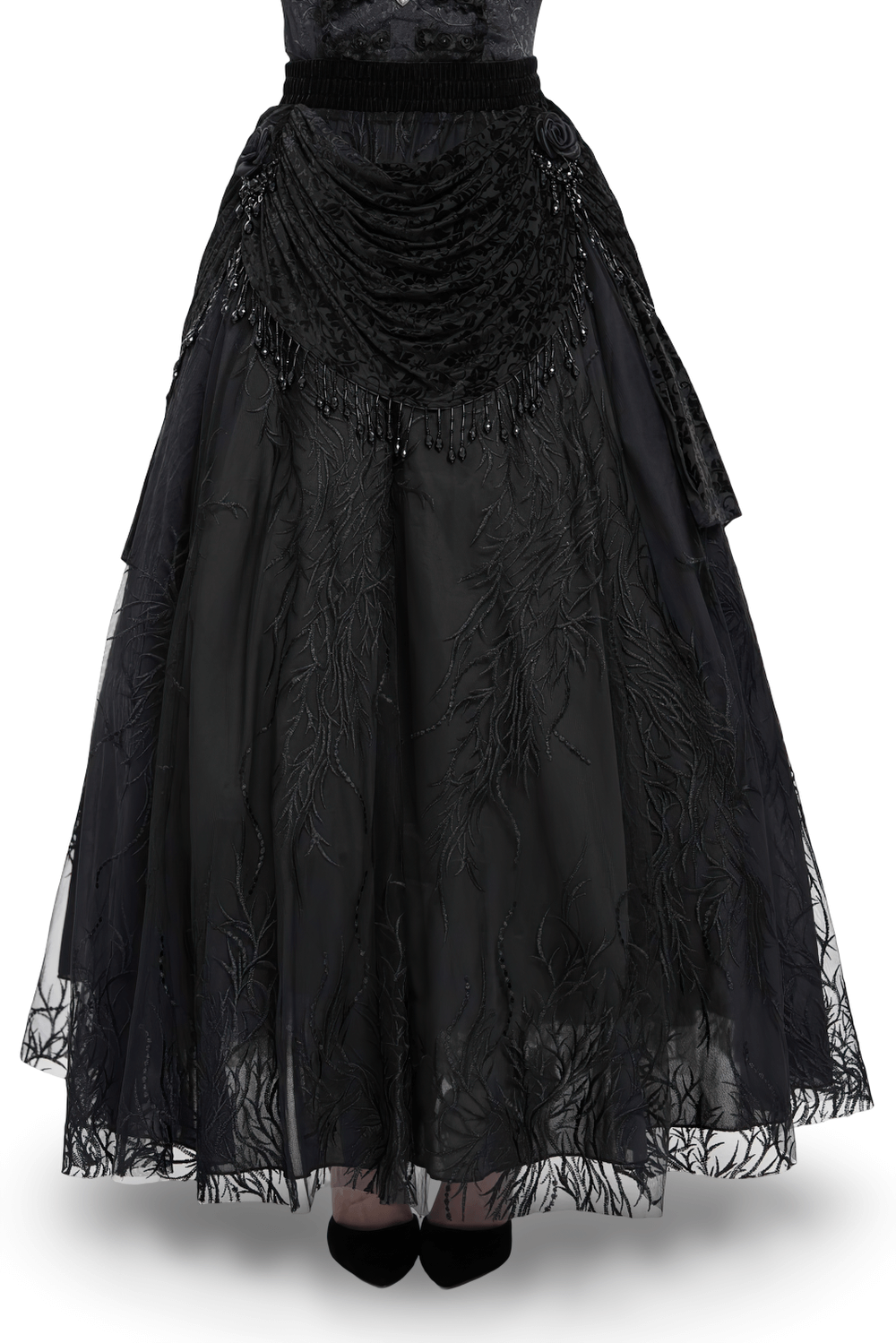 Elegant Gothic Black Velvet Lace Skirt with Beaded Drapes