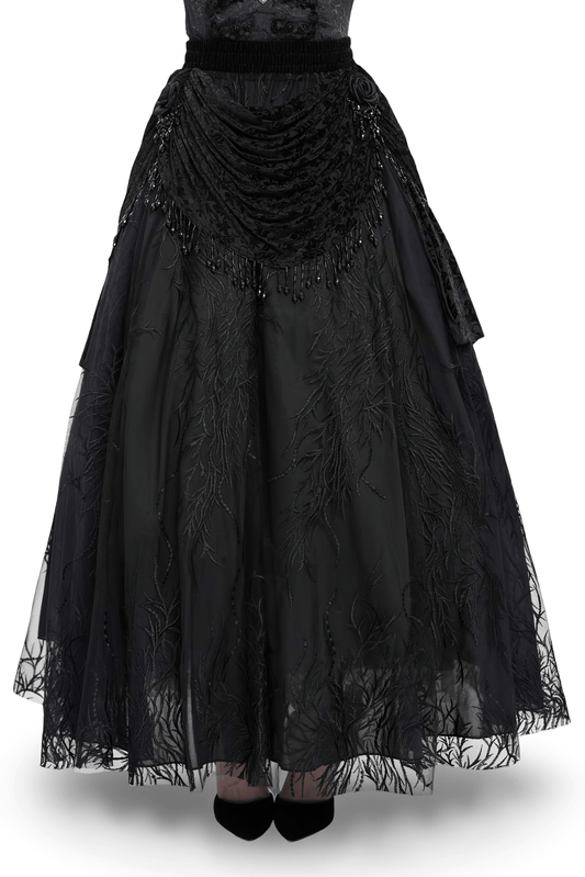 Elegant Gothic Black Velvet Lace Skirt with Beaded Drapes